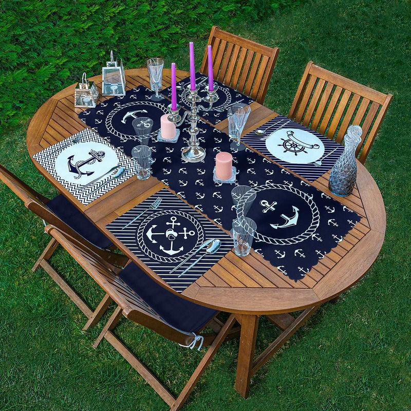 4+1 Lacivert Çapa Motifli Amerikan Servis & Runner Seti Bonvagon