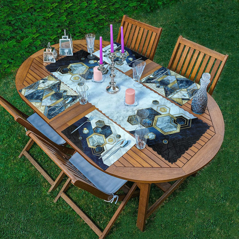 4+1 Mermer Zemin Geometrik Altıgen Tasarımlı Amerikan Servis & Runner Seti Bonvagon