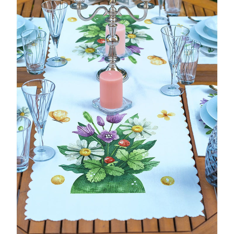 4+1 Rengarenk Sevimli Saksılar İçinde Çiçek Tasarımlı Amerikan Servis & Runner Seti Bonvagon