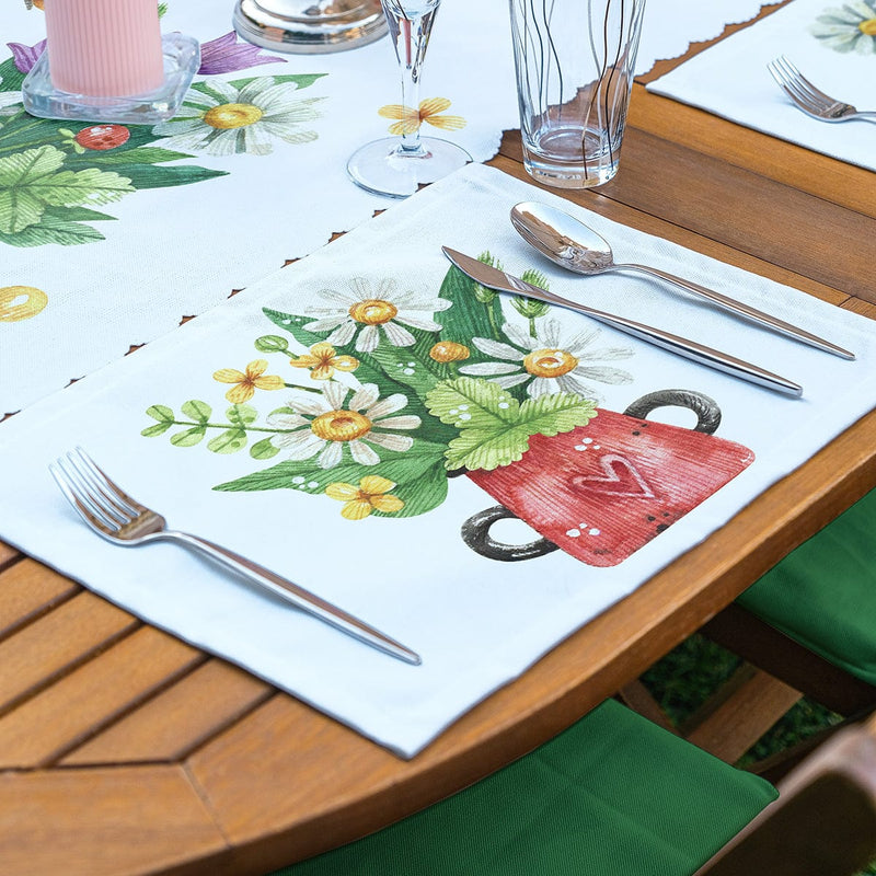 4+1 Rengarenk Sevimli Saksılar İçinde Çiçek Tasarımlı Amerikan Servis & Runner Seti Bonvagon