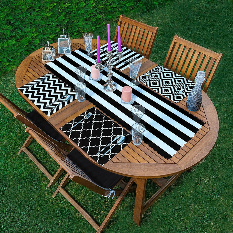 4+1 Siyah Beyaz Geometrik Çizimli Amerikan Servis & Runner Seti Bonvagon