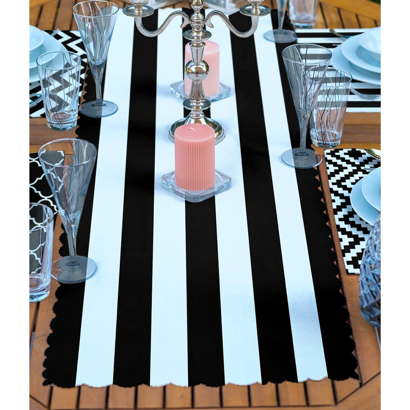 4+1 Siyah Beyaz Geometrik Çizimli Amerikan Servis & Runner Seti Bonvagon