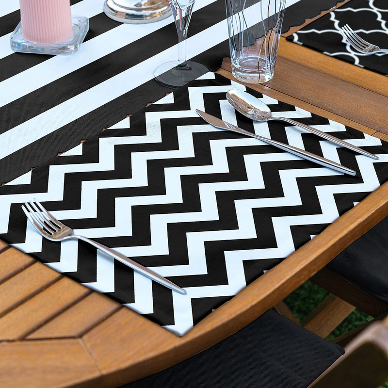 4+1 Siyah Beyaz Geometrik Çizimli Amerikan Servis & Runner Seti Bonvagon