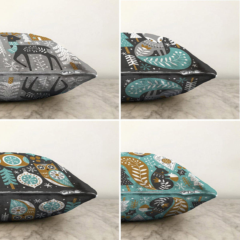 4'lü Çift Taraflı Renkli Zemin Üzerinde Yılbaşı Desenli Modern Şönil Yastık Kırlent Kılıf Seti Bonvagon