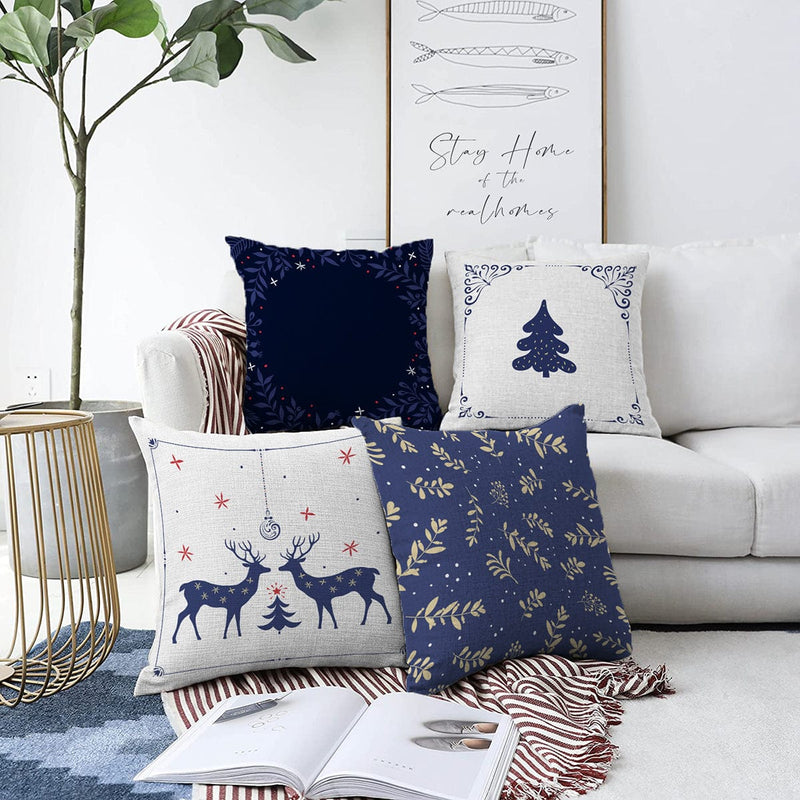 4'lü Lacivert Yılbaşı Temalı Dijital Baskılı Modern Şönil Kırlent Kılıfı Seti Bonvagon