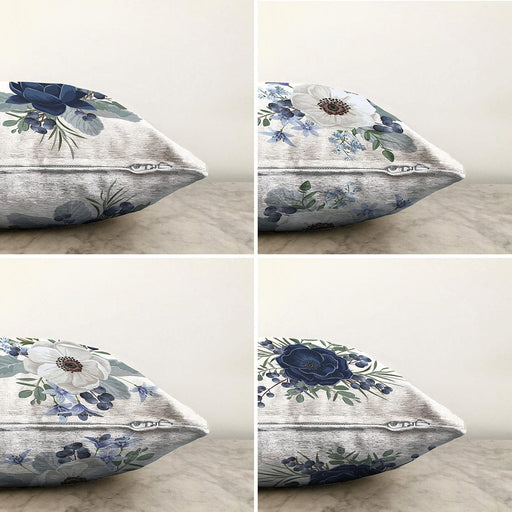 4'lü Mavi Beyaz Gül Tasarımlı Dijital Baskılı Modern Şönil Kırlent Kılıfı Seti Bonvagon