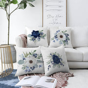 4'lü Mavi Beyaz Gül Tasarımlı Dijital Baskılı Modern Şönil Kırlent Kılıfı Seti Bonvagon