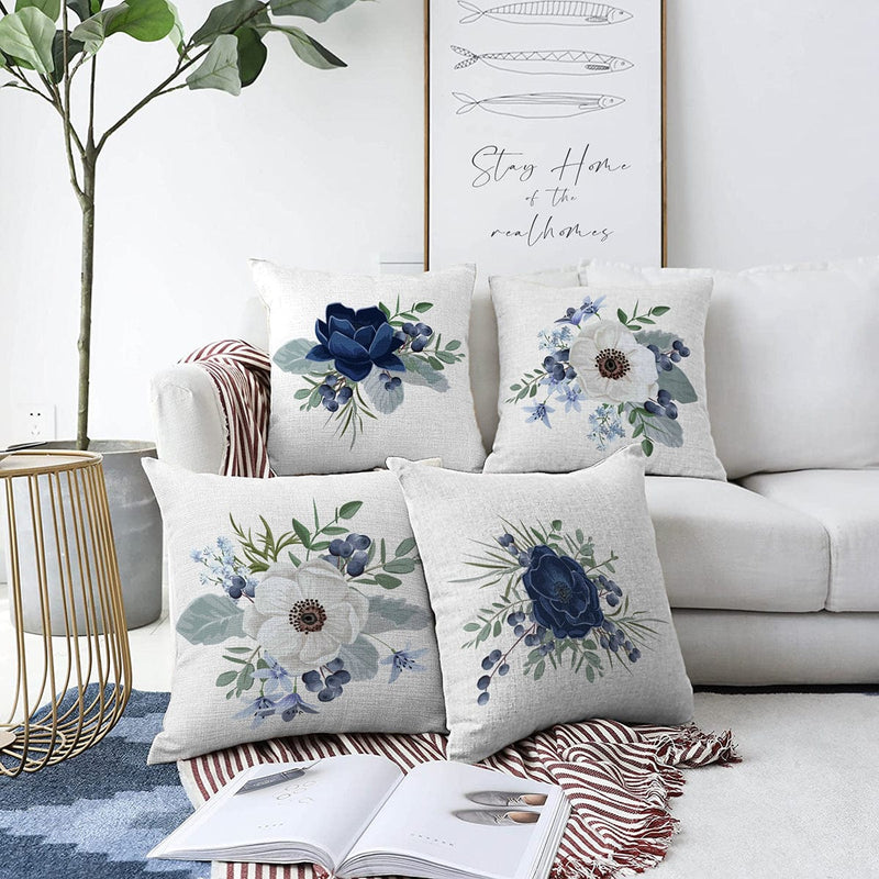 4'lü Mavi Beyaz Gül Tasarımlı Dijital Baskılı Modern Şönil Kırlent Kılıfı Seti Bonvagon