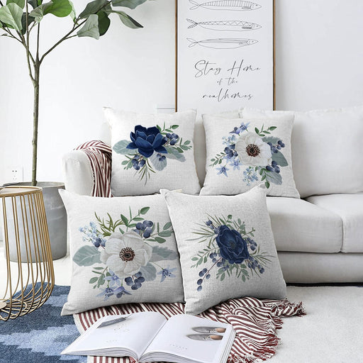 4'lü Mavi Beyaz Gül Tasarımlı Dijital Baskılı Modern Şönil Kırlent Kılıfı Seti Bonvagon