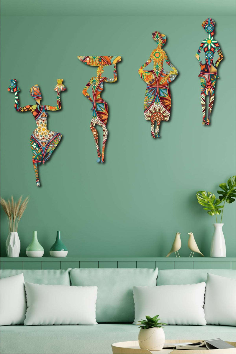 4 Parça Afrikalı Kadın Etnik Desenler Dijital Baskı Mdf Ahşap Tablo Seti Bonvagon