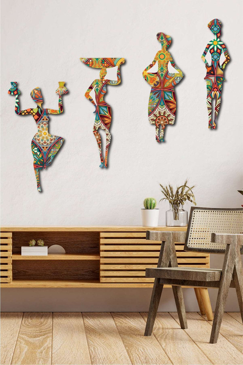 4 Parça Afrikalı Kadın Etnik Desenler Dijital Baskı Mdf Ahşap Tablo Seti Bonvagon