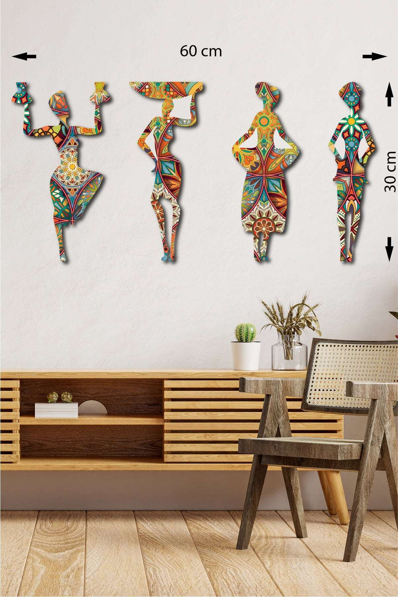 4 Parça Afrikalı Kadın Etnik Desenler Dijital Baskı Mdf Ahşap Tablo Seti Bonvagon