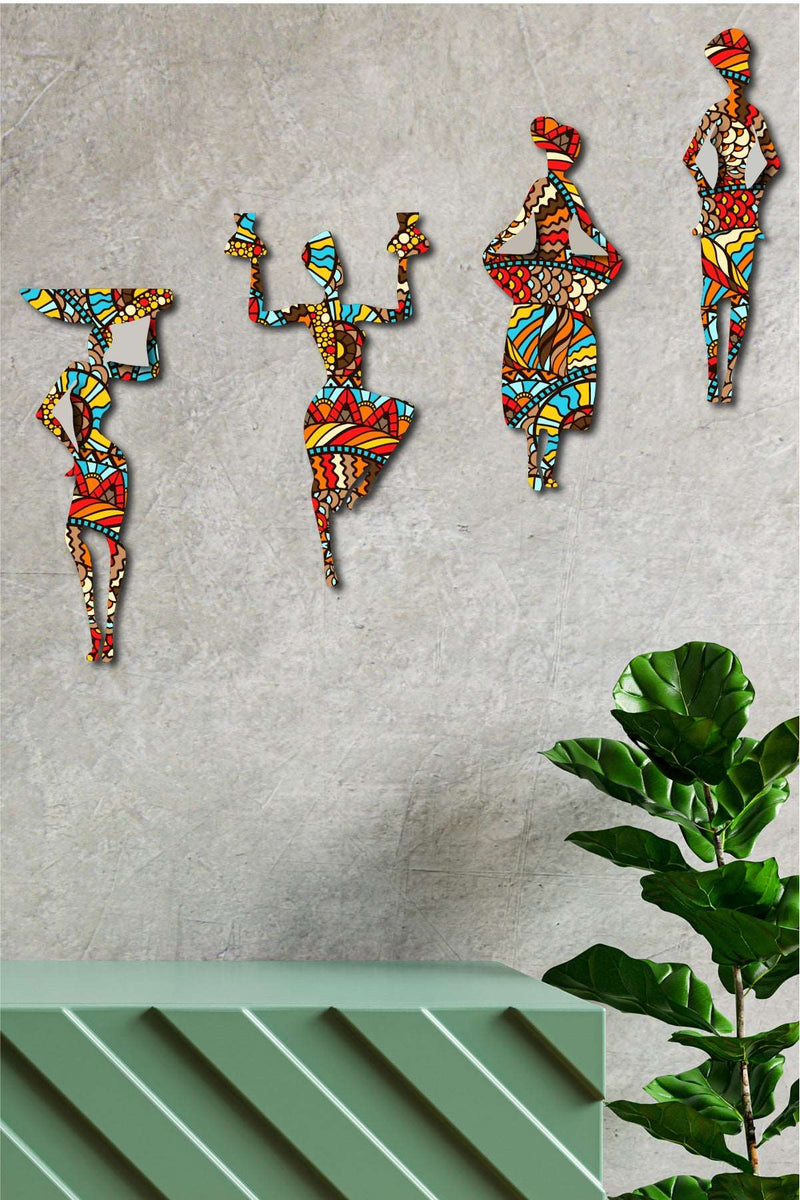 4 Parça Afrikalı Kadın Etnik Desenler Dijital Baskı Mdf Ahşap Tablo Seti Bonvagon