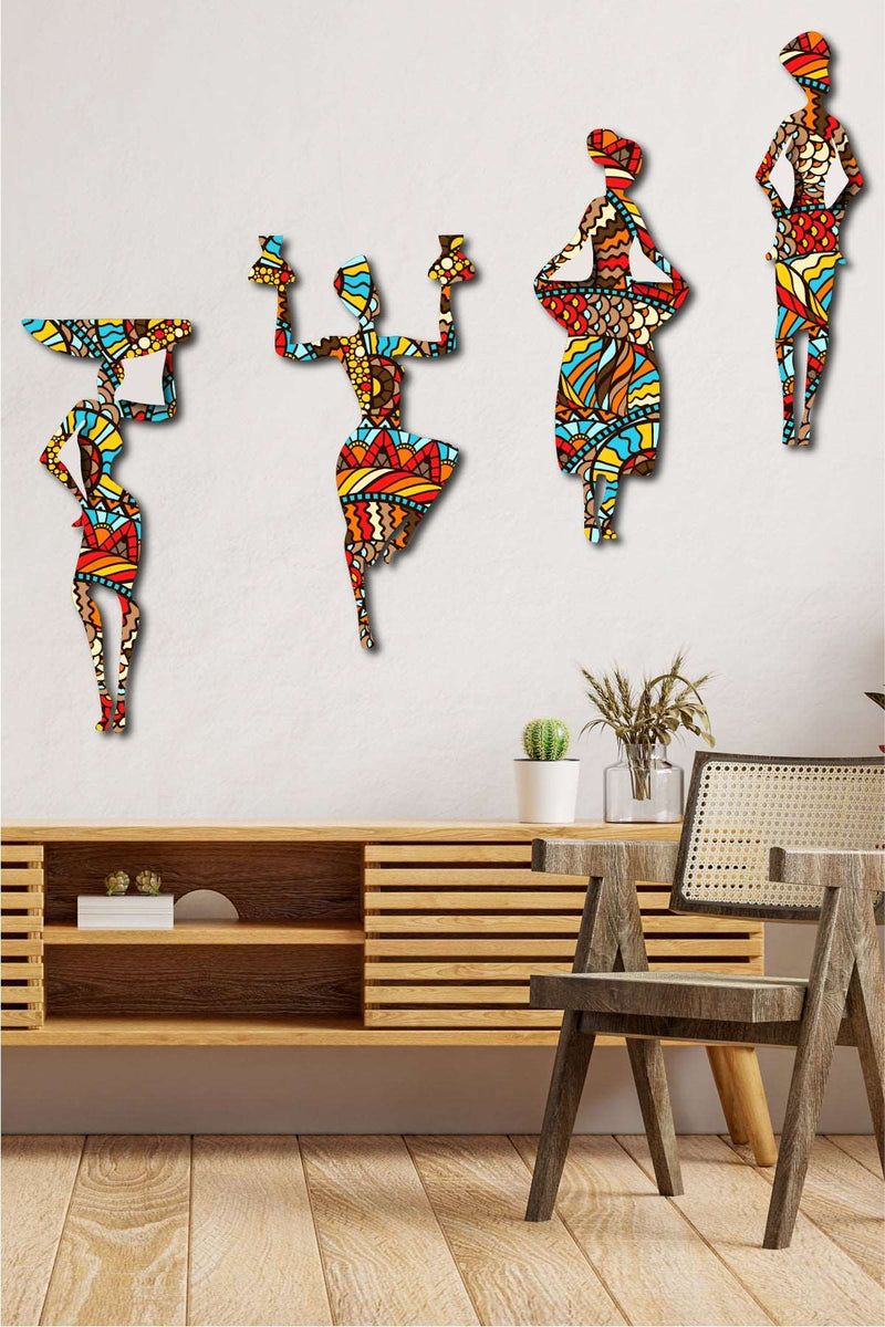 4 Parça Afrikalı Kadın Etnik Desenler Dijital Baskı Mdf Ahşap Tablo Seti Bonvagon