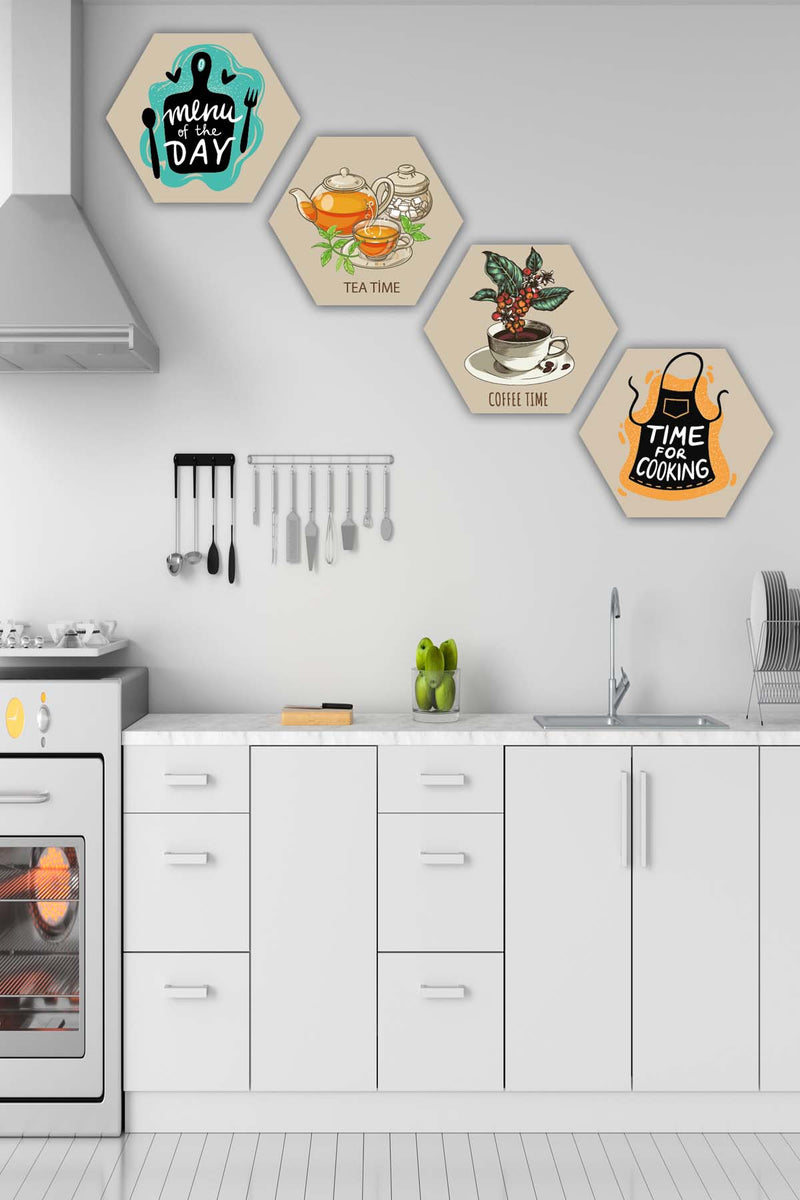 4 Parça Altıgen Mutfak Petek Tasarım Mdf Ahşap Tablo Seti Bonvagon