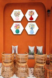 4 Parça Altıgen Tarzda Vazolu Çiçek Ahşap Tablo Seti Bonvagon