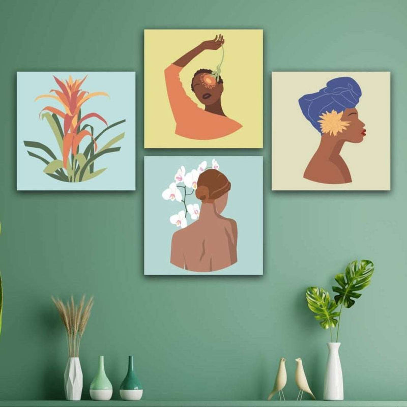 4 Parça Bohem Kadın Uv Baskı Mdf Tablo Seti Bonvagon