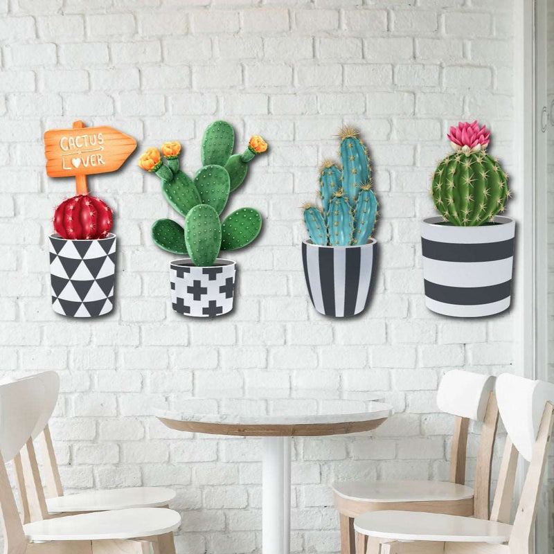 4 Parça Duvar Dekorasyon Ahşap Kaktüs Ahşap Tablo Seti Bonvagon