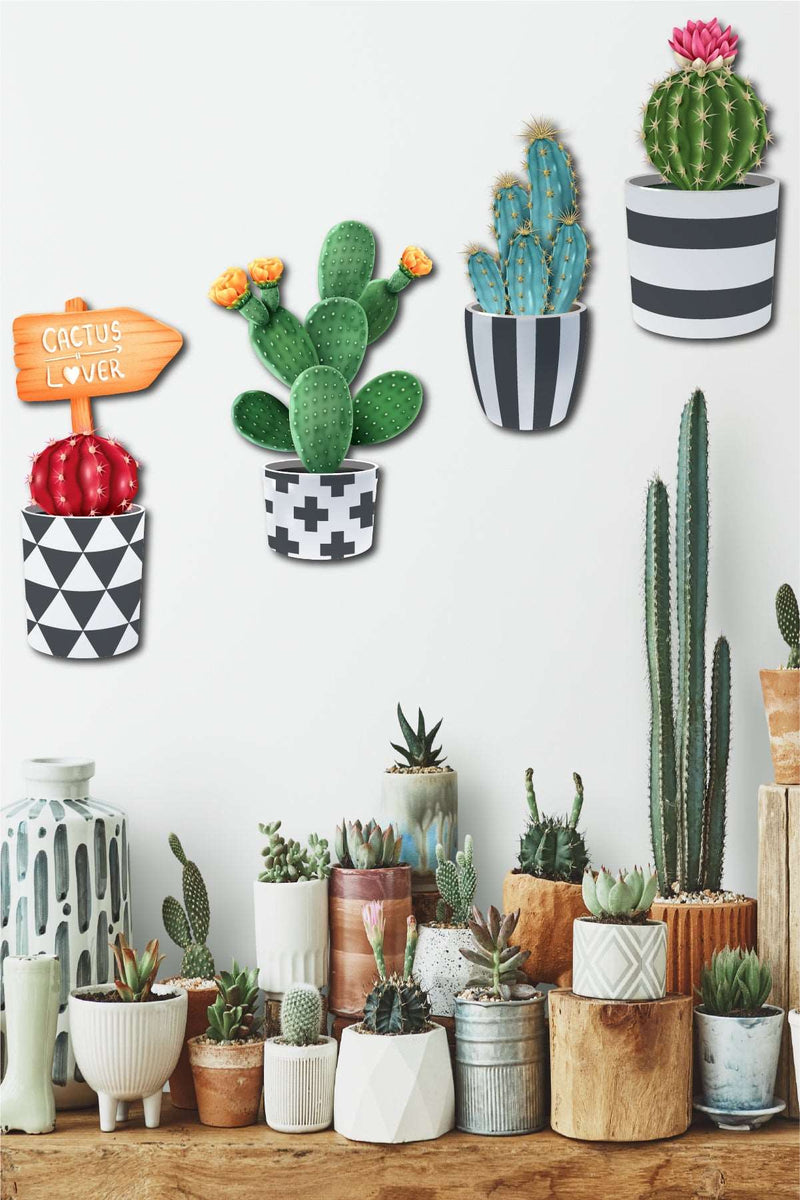 4 Parça Duvar Dekorasyon Ahşap Kaktüs Ahşap Tablo Seti Bonvagon