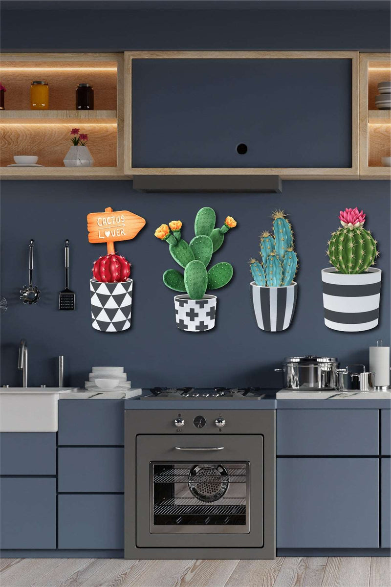 4 Parça Duvar Dekorasyon Ahşap Kaktüs Ahşap Tablo Seti Bonvagon