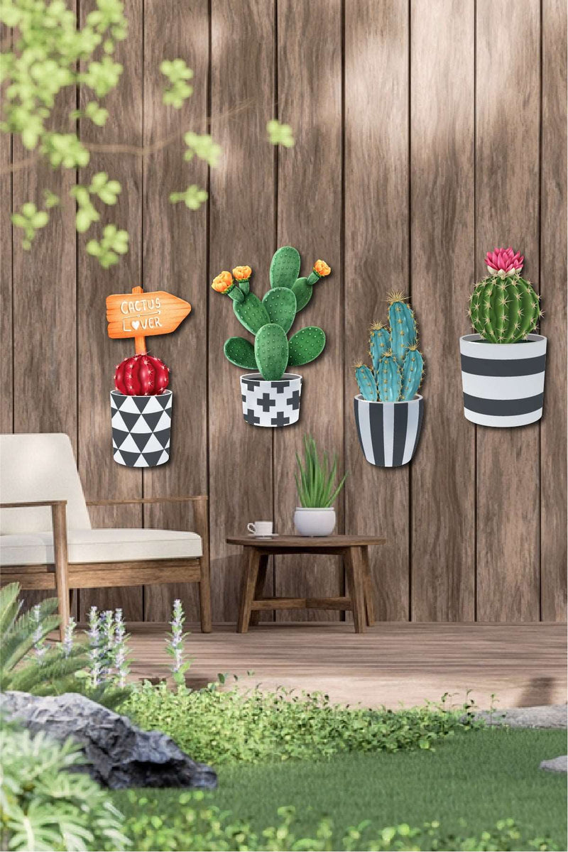 4 Parça Duvar Dekorasyon Ahşap Kaktüs Ahşap Tablo Seti Bonvagon
