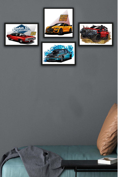 4 Parça Klasik Ve Yarış Arabaları Siyah Çerçeve Görünümlü Uv Baskı Mdf Tablo Seti Bonvagon