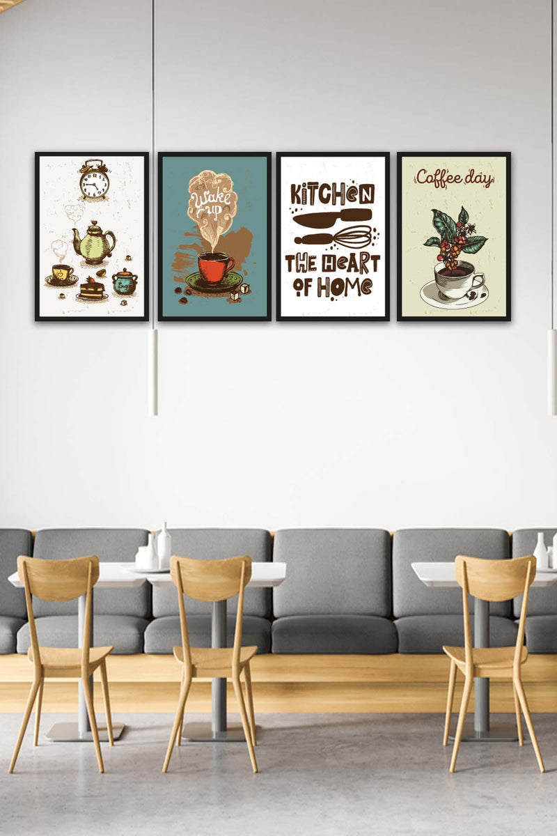 4 Parça Mutfak Ve Cafe Dekorları İçin Mdf Ahşap Tablo Seti Bonvagon