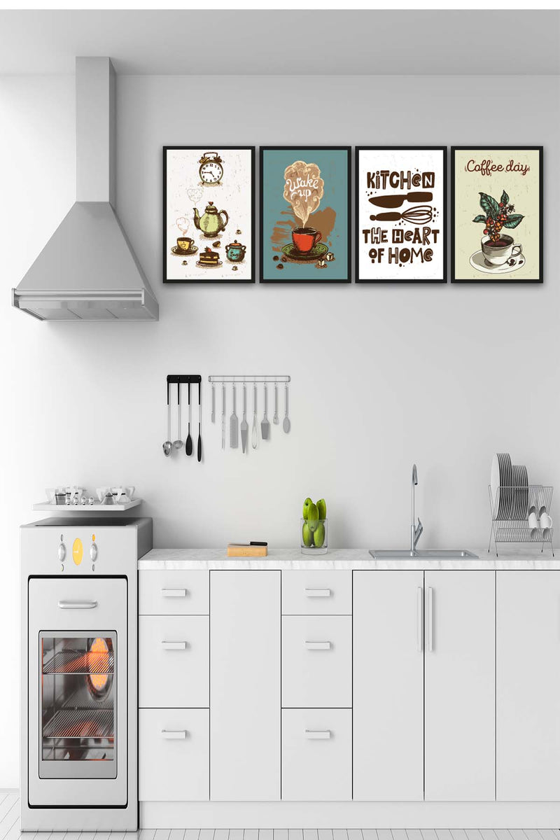 4 Parça Mutfak Ve Cafe Dekorları İçin Mdf Ahşap Tablo Seti Bonvagon