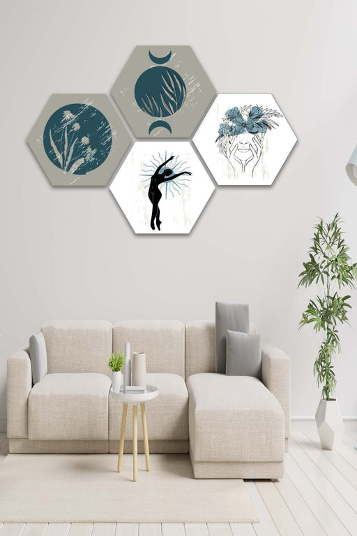 4 Parça Petek Tasarım Modern Sanat Tarzında Uv Baskı Mdf Tablo Seti Bonvagon