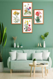 4 Parça Suluboya Tarzında Çiçek Desenli Ahşap Çerçeve Görünümlü Uv Baskı Mdf Tablo Seti Bonvagon