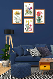 4 Parça Suluboya Tarzında Çiçek Desenli Ahşap Çerçeve Görünümlü Uv Baskı Mdf Tablo Seti Bonvagon