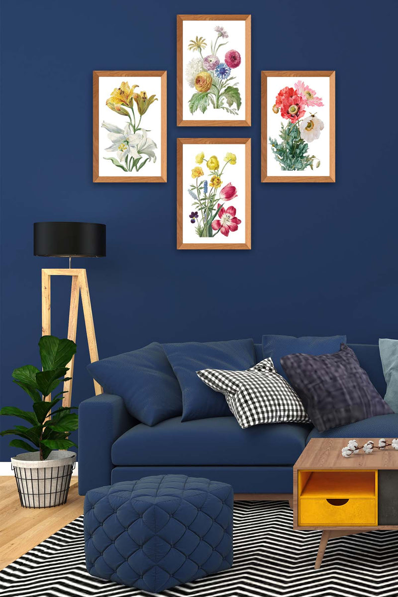 4 Parça Suluboya Tarzında Çiçek Desenli Ahşap Çerçeve Görünümlü Uv Baskı Mdf Tablo Seti Bonvagon