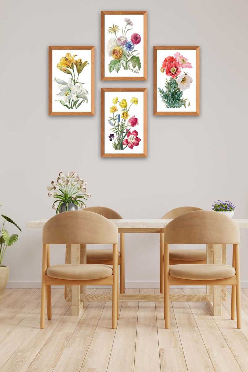 4 Parça Suluboya Tarzında Çiçek Desenli Ahşap Çerçeve Görünümlü Uv Baskı Mdf Tablo Seti Bonvagon