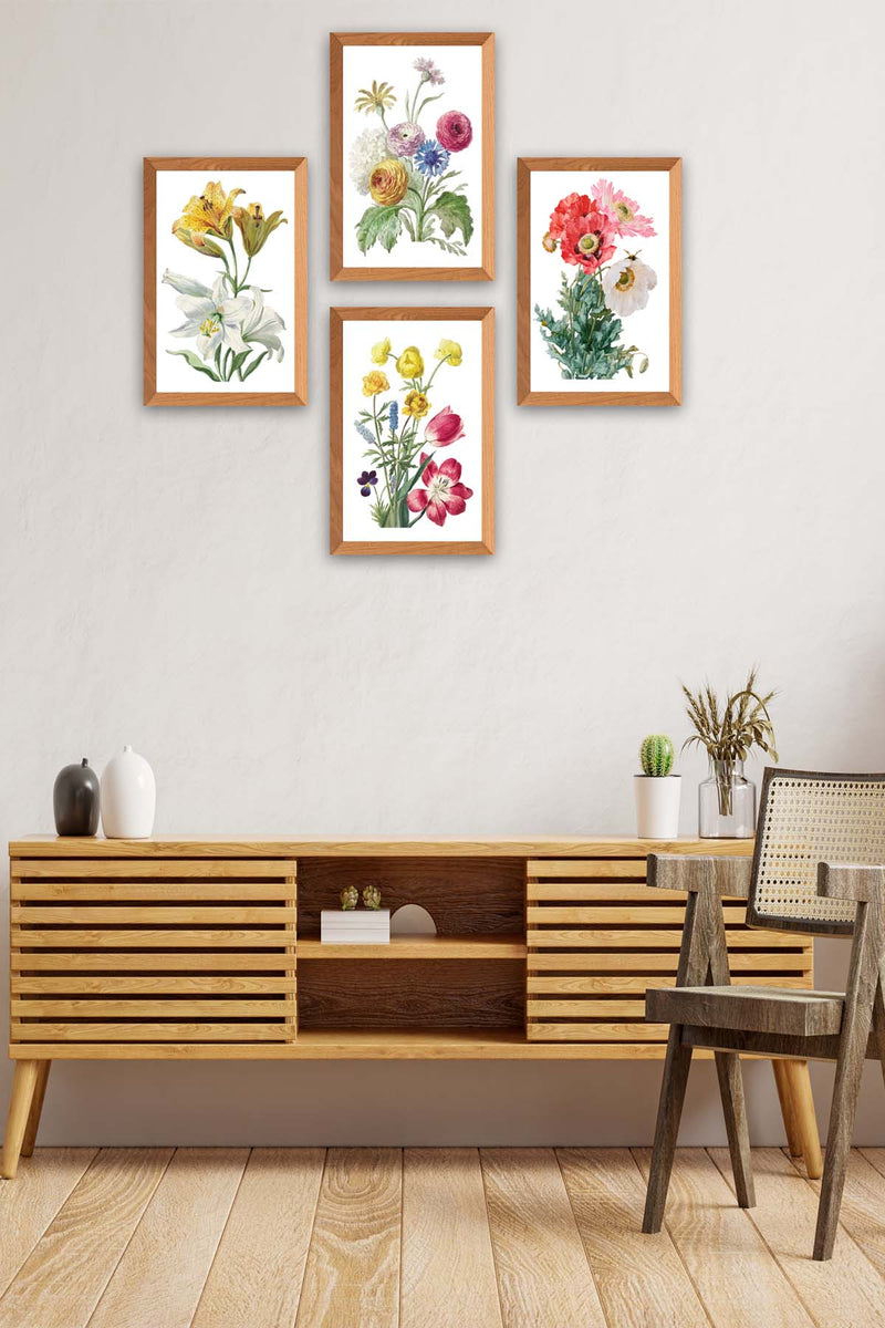 4 Parça Suluboya Tarzında Çiçek Desenli Ahşap Çerçeve Görünümlü Uv Baskı Mdf Tablo Seti Bonvagon