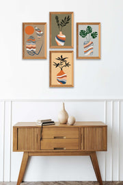 4 Parça Vazo Bohem Tarzında Ahşap Çerçeve Görünümlü Dijital Baskı Tablo Seti Bonvagon