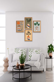 4 Parça Vazo Bohem Tarzında Ahşap Çerçeve Görünümlü Dijital Baskı Tablo Seti Bonvagon