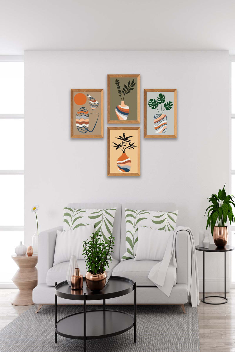 4 Parça Vazo Bohem Tarzında Ahşap Çerçeve Görünümlü Dijital Baskı Tablo Seti Bonvagon