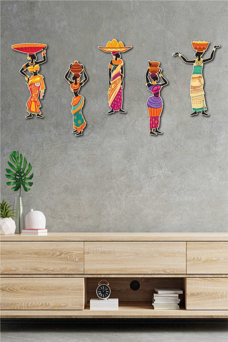 5 Parça Afrikalı Etnik Kadınlar Ahşap Tablo Seti Bonvagon