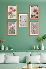 5 Parça Ahşap Çerçeve Görünümlü Çiçek Desenli Uv Baskı Mdf Tablo Seti Bonvagon