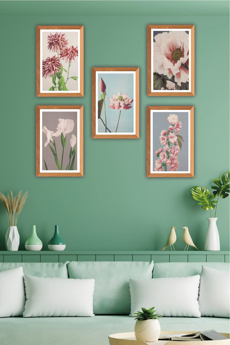 5 Parça Ahşap Çerçeve Görünümlü Çiçek Desenli Uv Baskı Mdf Tablo Seti Bonvagon