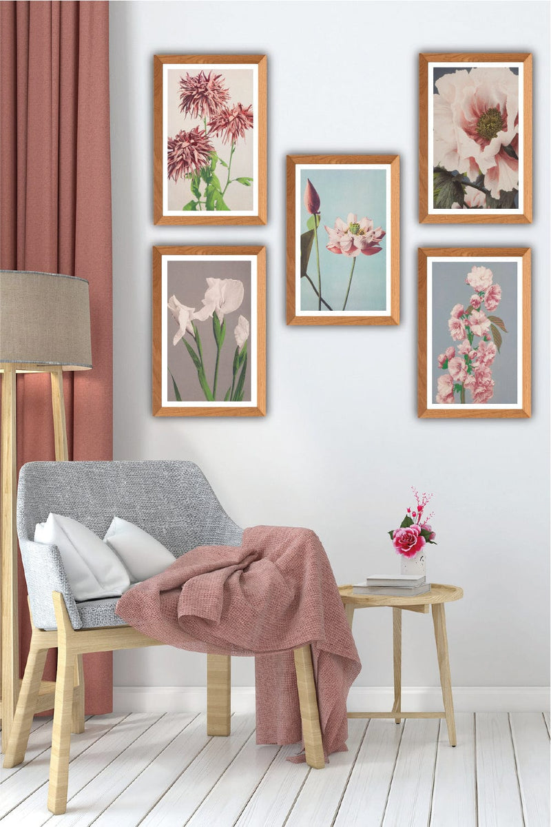 5 Parça Ahşap Çerçeve Görünümlü Çiçek Desenli Uv Baskı Mdf Tablo Seti Bonvagon