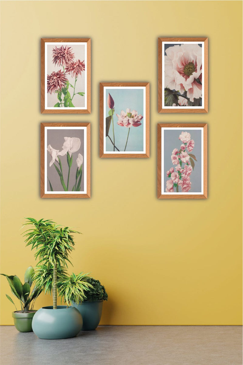 5 Parça Ahşap Çerçeve Görünümlü Çiçek Desenli Uv Baskı Mdf Tablo Seti Bonvagon