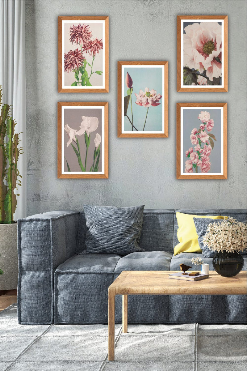 5 Parça Ahşap Çerçeve Görünümlü Çiçek Desenli Uv Baskı Mdf Tablo Seti Bonvagon