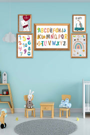 5 Parça Çoçuklar İçin Renkli Alfabe Sayılar Eğitici Tablo Ahşap Çerçeve Görünümlü Bonvagon