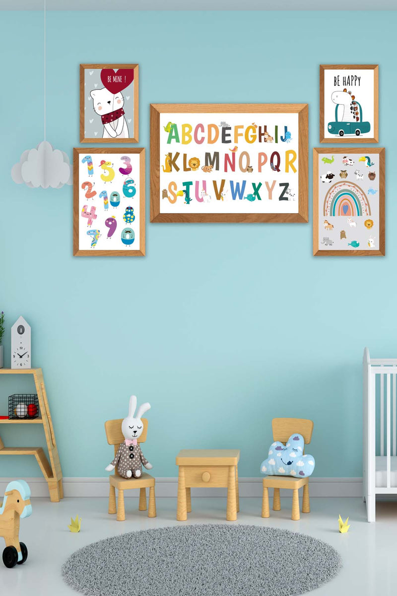 5 Parça Çoçuklar İçin Renkli Alfabe Sayılar Eğitici Tablo Ahşap Çerçeve Görünümlü Bonvagon