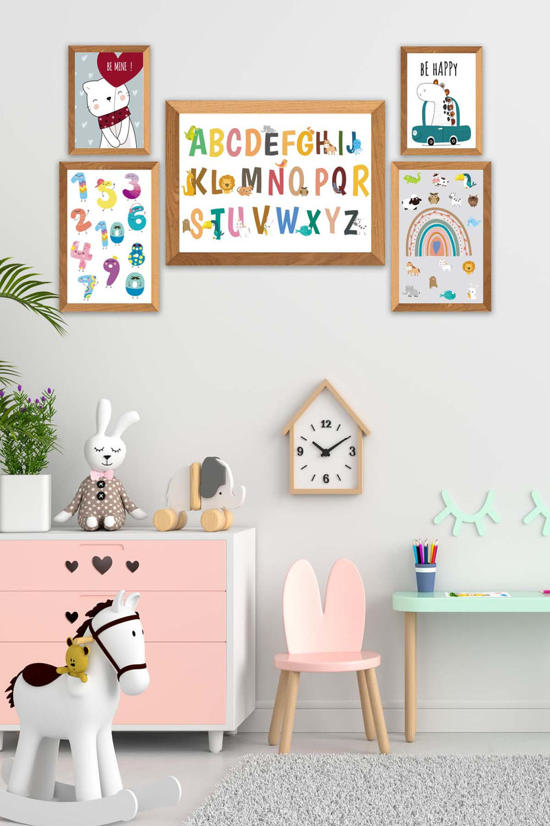 5 Parça Çoçuklar İçin Renkli Alfabe Sayılar Eğitici Tablo Ahşap Çerçeve Görünümlü Bonvagon