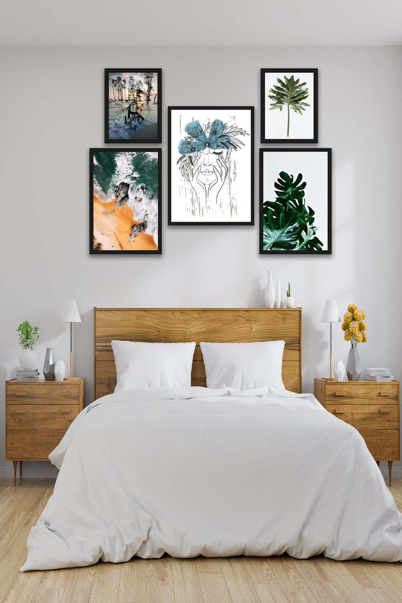 5 Parça Modern Sanat Tarzında Tasarım (Siyah Çerçeve Görünümlü) Uv Baskı Mdf Tablo Seti Bonvagon