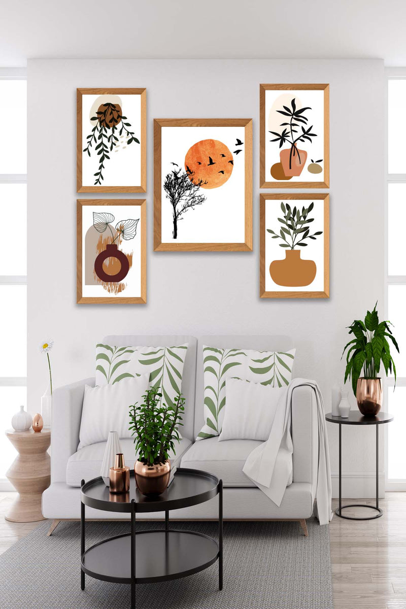 5 Parça Modern Sanatsal Bohem Tarzda (Ahşap Çerçeve Görünümlü) Uv Baskı Mdf Tablo Seti Bonvagon