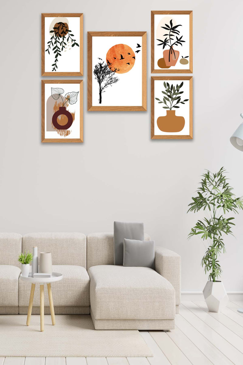 5 Parça Modern Sanatsal Bohem Tarzda (Ahşap Çerçeve Görünümlü) Uv Baskı Mdf Tablo Seti Bonvagon