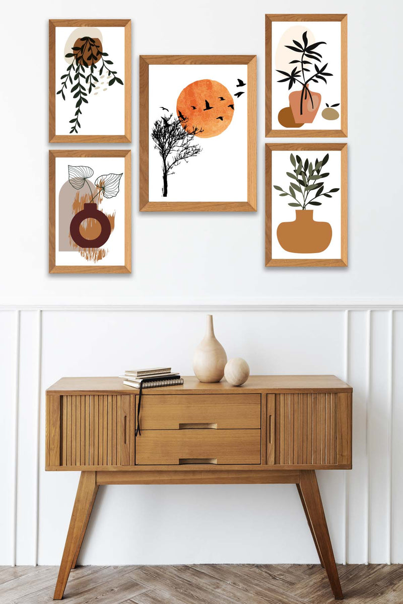 5 Parça Modern Sanatsal Bohem Tarzda (Ahşap Çerçeve Görünümlü) Uv Baskı Mdf Tablo Seti Bonvagon